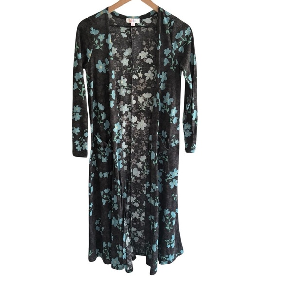 LuLaRoe Sweaters - Lularoe Sarah Floral Duster Cardigan M Blue Gray Open Front Ribbed Boho Cottage